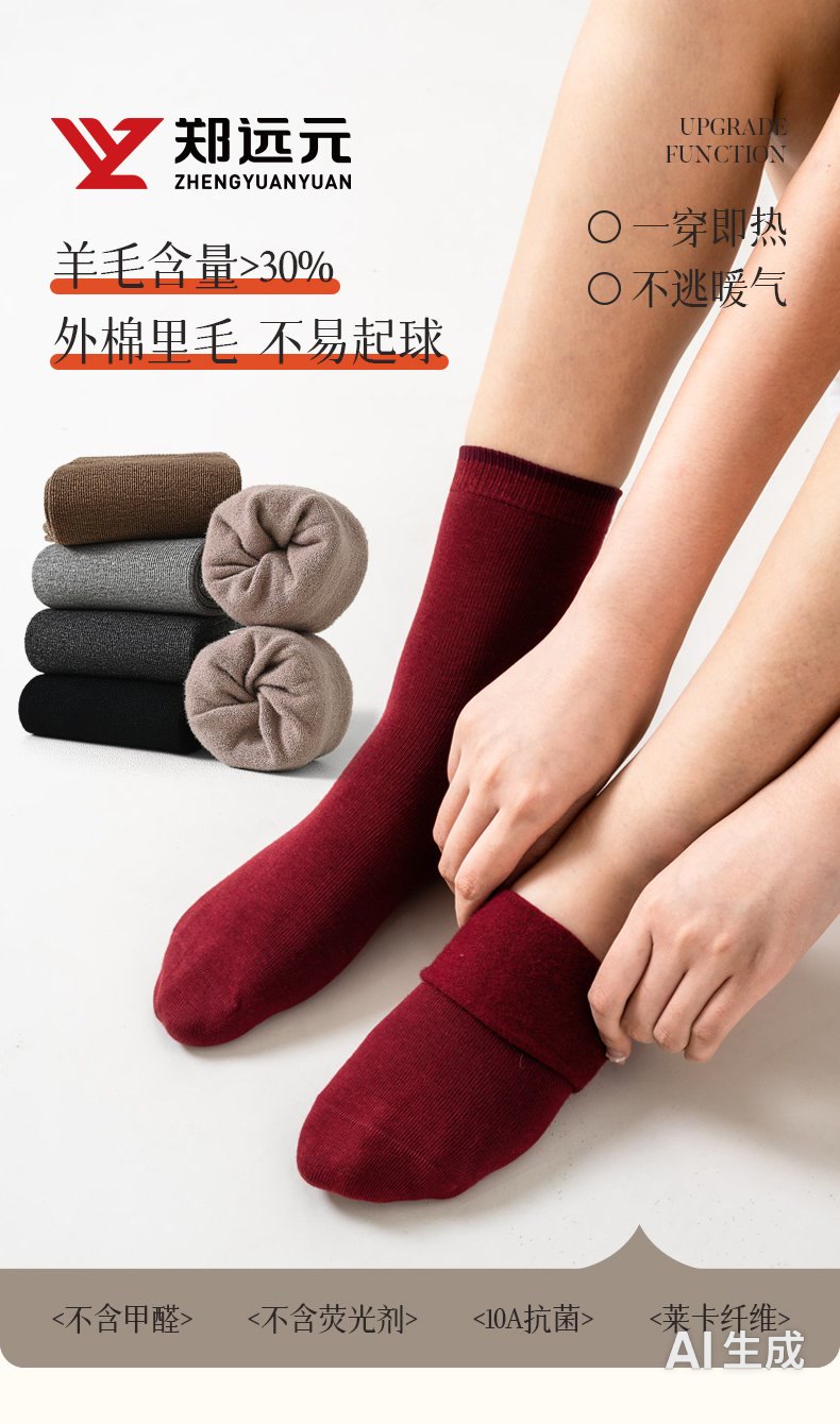 郑远元抗起球羊毛袜 羊毛含量>30% 外棉里毛不易起球